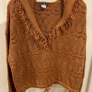 VENUS Women's Tan V-Neck crop hooded Sweater with Fringe